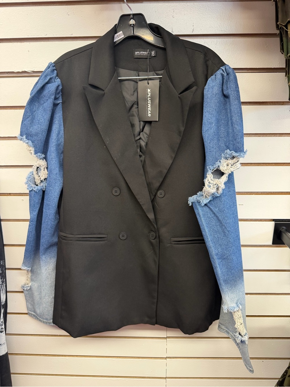 NWT XPLUSWEAR Black Blazer with Distressed Denim Sleeves Size 2X